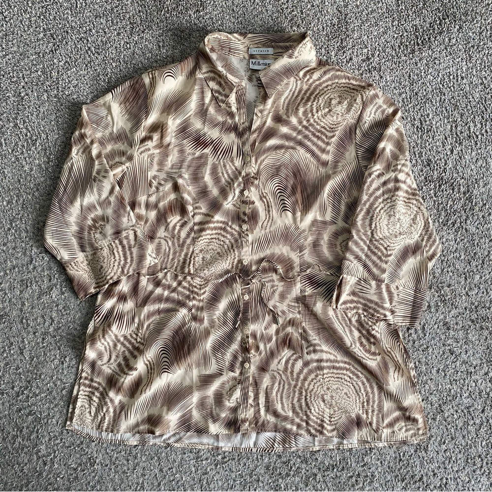 Millenium Plus Women's 3X Brown & Tan Patterned Button Down Stretch Shirt